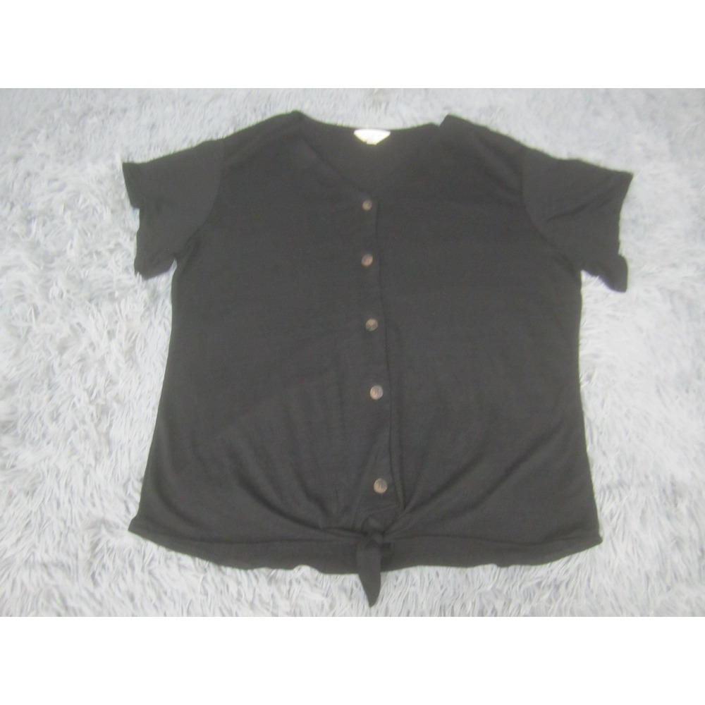 Weatherproof Vintage Shirt Womens Medium Black Short Sleeve Button Front Tie Top